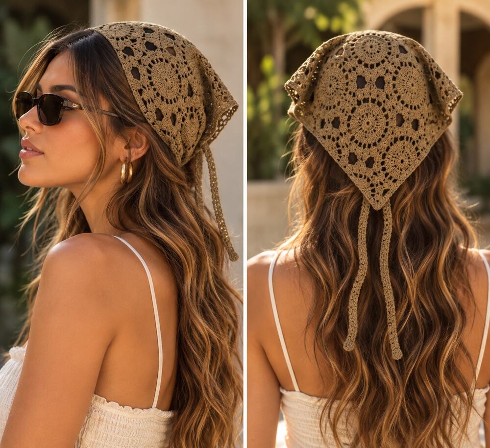 Brown Crochet Knit Triangle Headscarf O/S French Style Geo Floral Boho Hippie